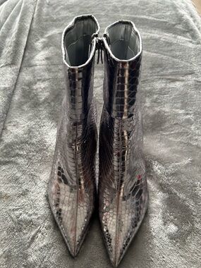 Nine West Metallic Snake-Embossed Pointed Toe Ankle Booties - Silver